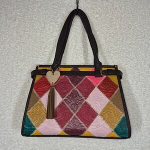 Mexican Artisanal Colorful Patchwork Leather Handbag Tote with Embossed Detail